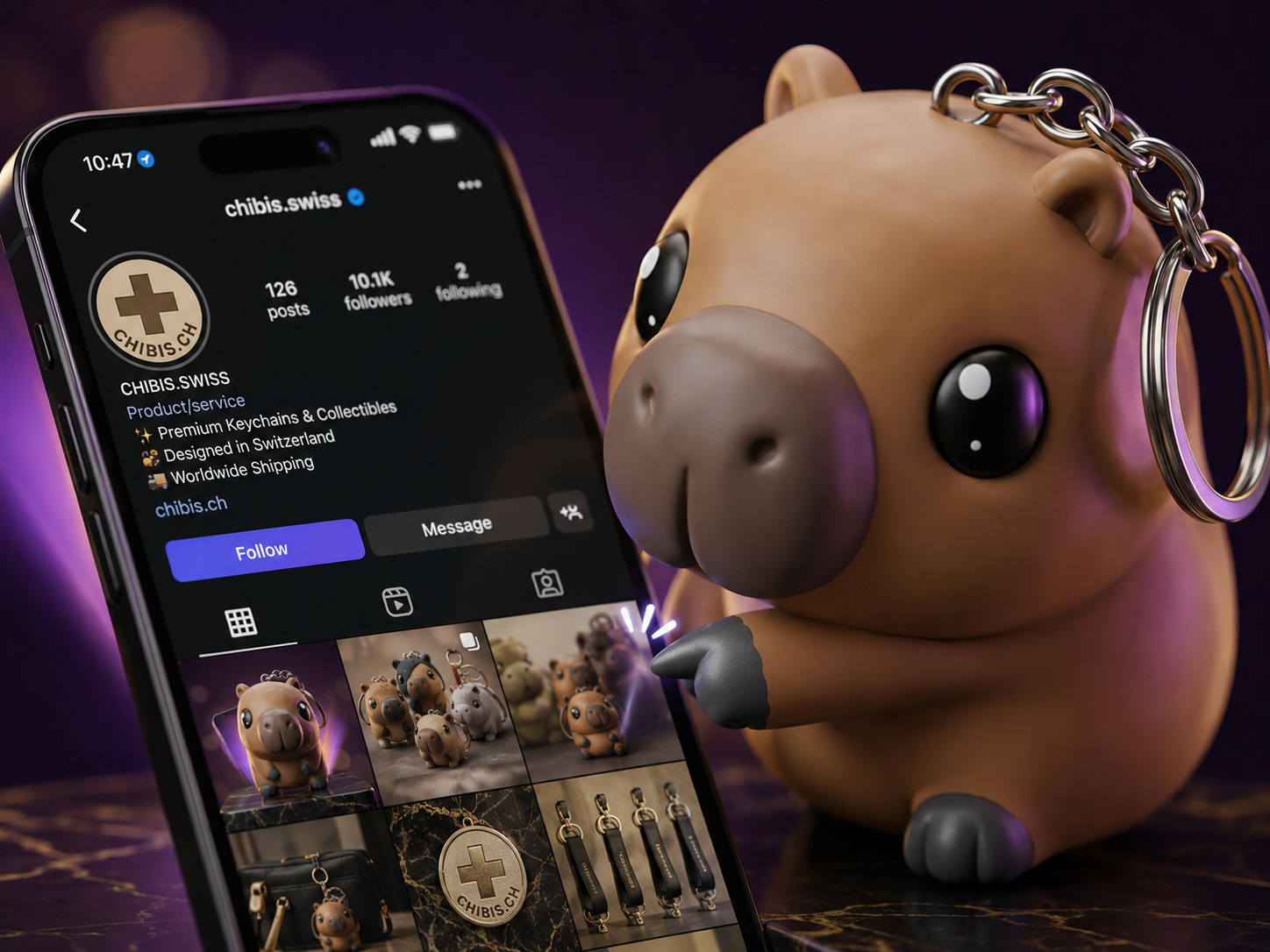 A Chibi being tapped against a smartphone to share a profile