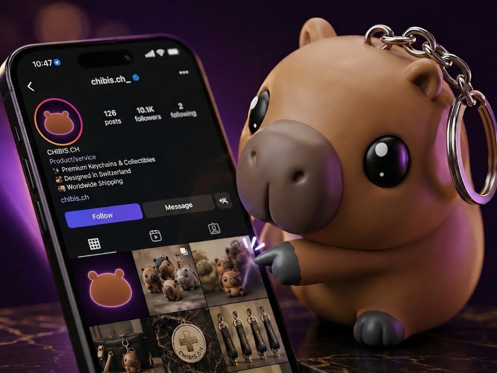 Ein Chibi wird an ein Smartphone gehalten, um ein Profil zu teilen